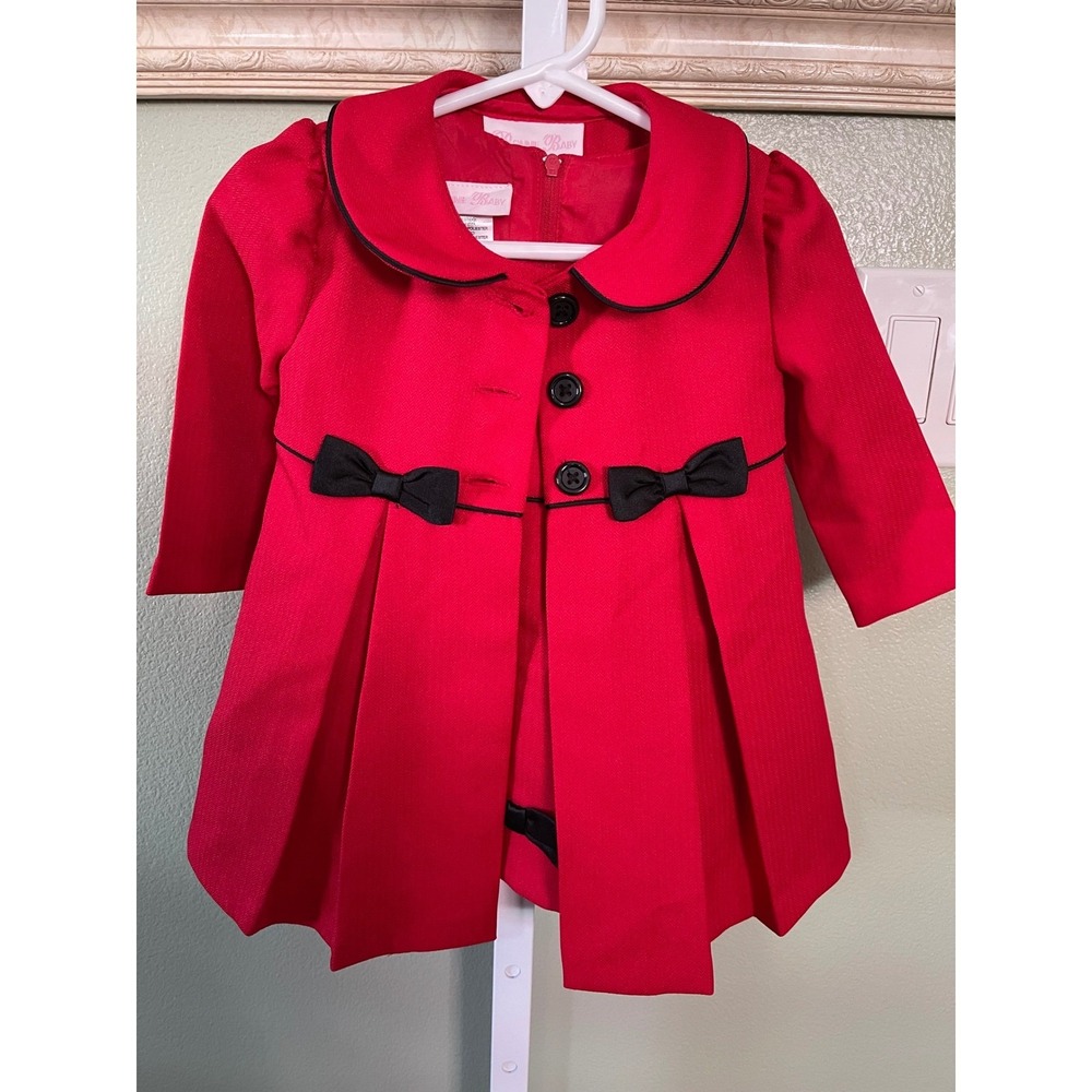 Girl's Red Bonnie Baby Bow Pleated Drees and Coat Set  Size 12M Used